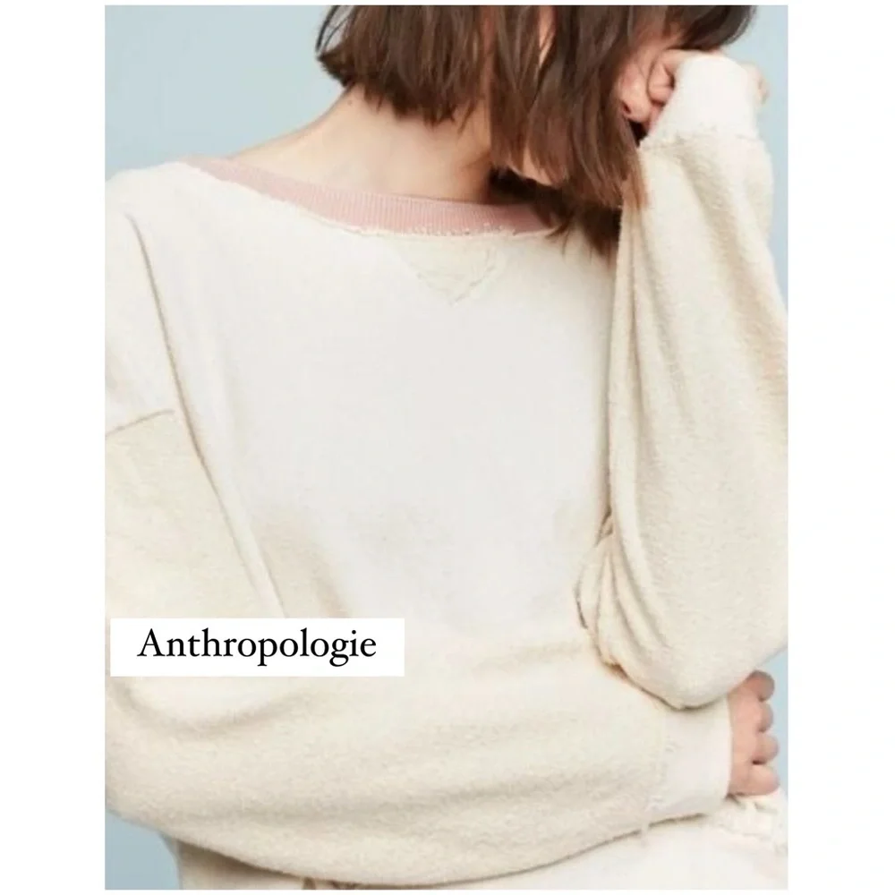 Anthropologie Saturday Sunday Au Fait Cream Pink Metallic Trim Linen Sweatshirt - Picture 1 of 12